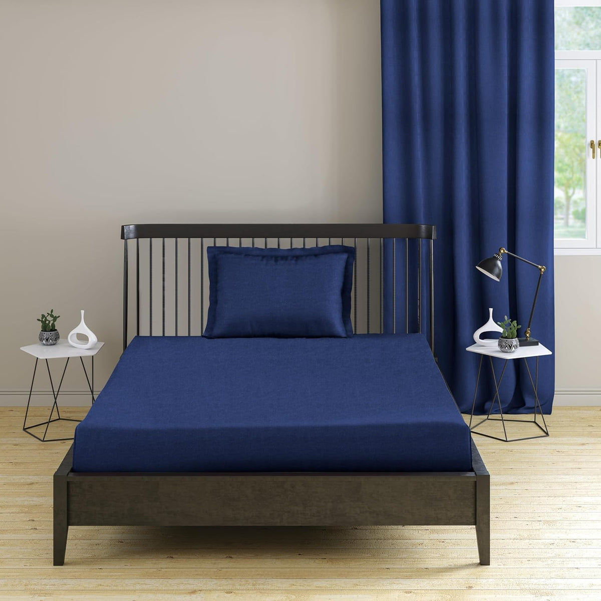 1 Plain Single Flat Bedsheet With 1 Pillow Cover - 54 X 90 Inches, Navy Blue | Breathable & Skin Friendly Bedsheet | Ideal For Hotel, Guest House, Bedroom