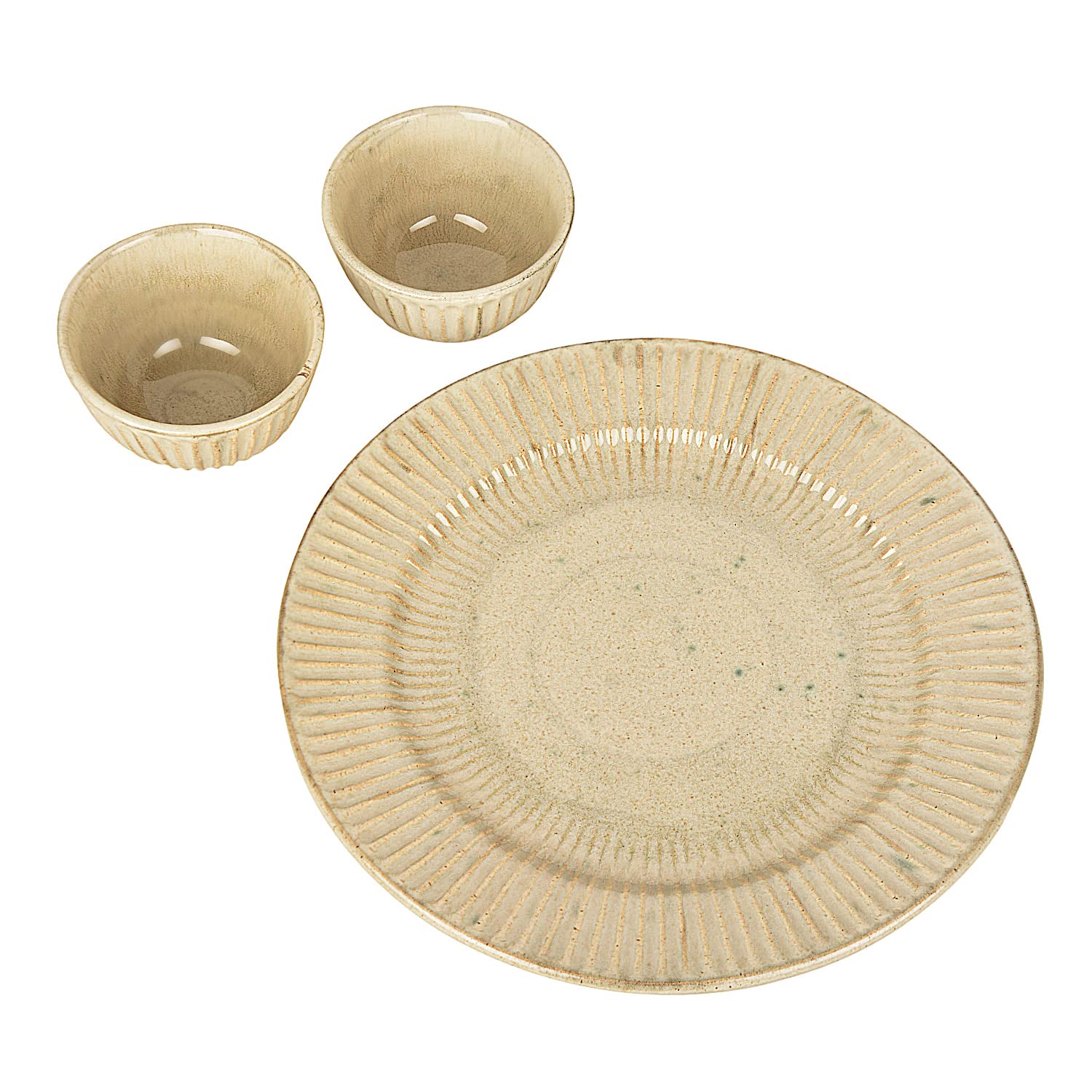 Ribbed Ceramic Dinner Serving Plate With 2 Dinner Bowls Set Of 3 - Ivory, Plate Diameter: 10 Inches - Dazzling Riviera