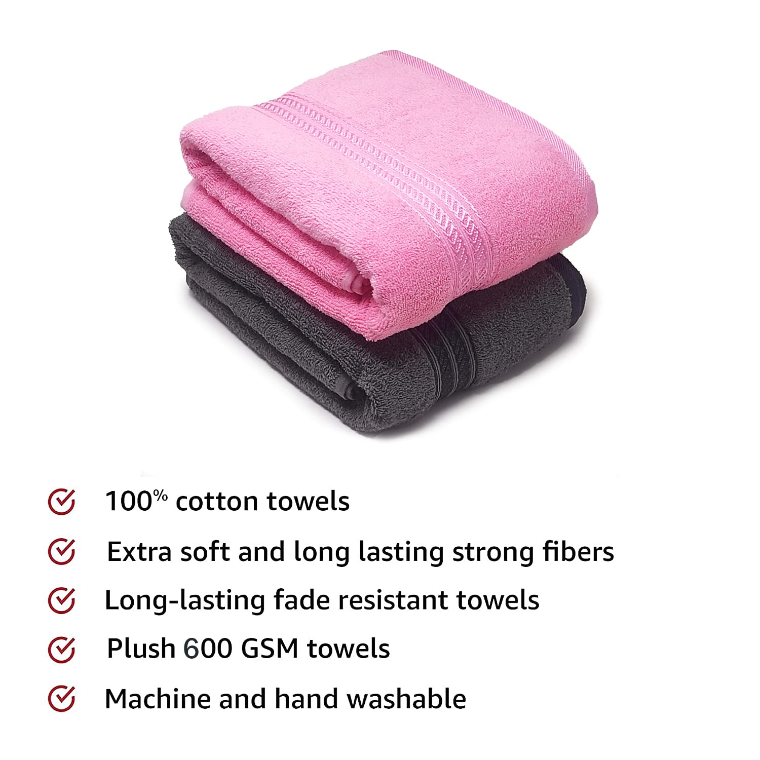 Lukzer Soft 100% Cotton Light Weight Super Absorbant Bath Towel 1200 Gsm (Steel Grey & Pink) - 2 Pcs