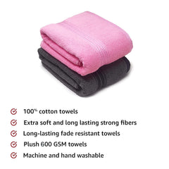 Lukzer Soft 100% Cotton Light Weight Super Absorbant Bath Towel 1200 Gsm (Steel Grey & Pink) - 2 Pcs