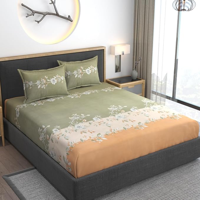 Feel Glace Cotton Bedsheets All Around Elastic Fitted Floral Bedsheets Queen Size - 78 X 60 Inches, Grey & Yellow | Super Soft Fitted Bedsheet For Double Bed