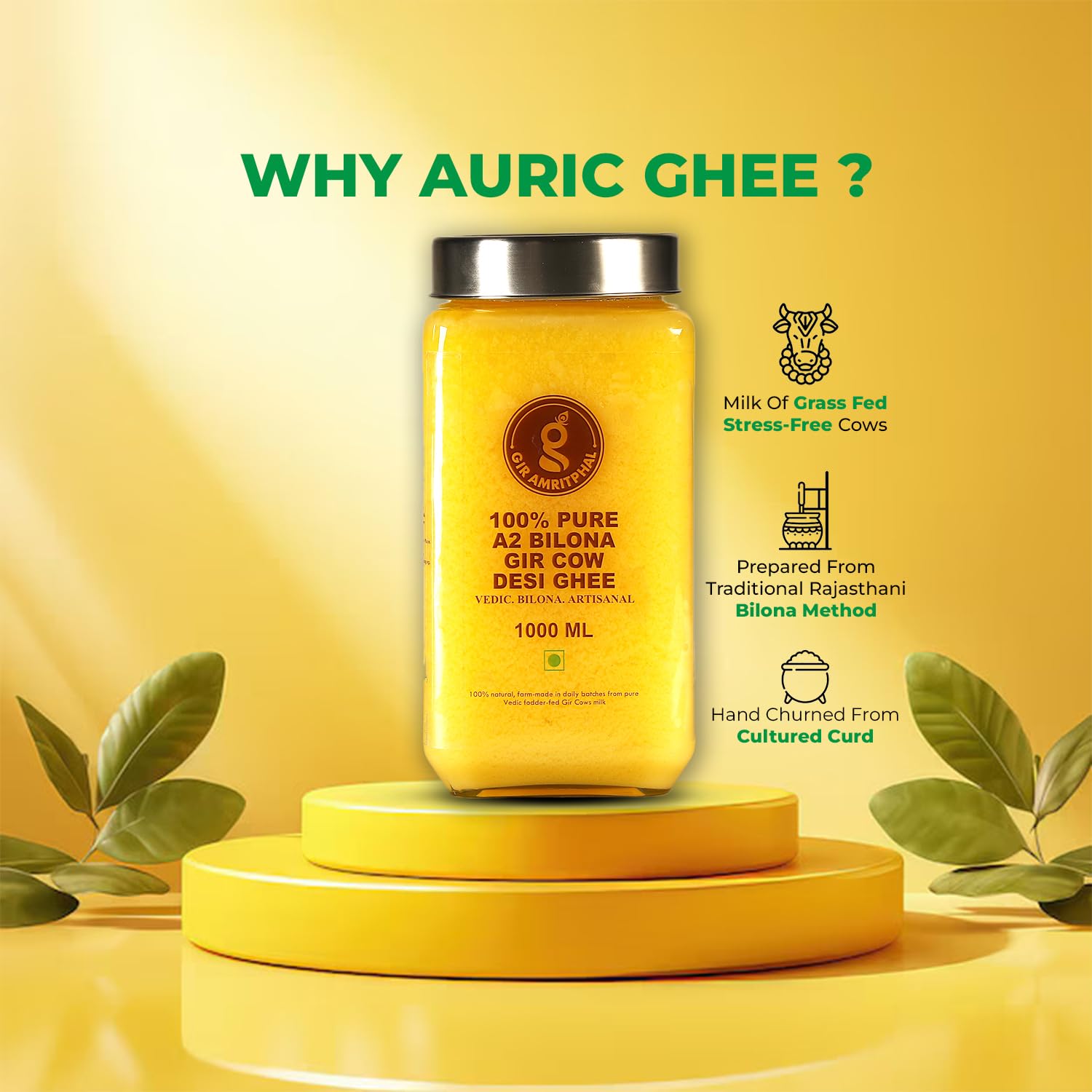 100% Natural Cow Ghee A2 Bilona Gir Cow Desi Ghee By Gir Amritphal | Good Source Of Healthy Desi Cow Ghee Perfect For Improves Hair Health | (1 Litr) 33.8 Ounce | Jar Pack