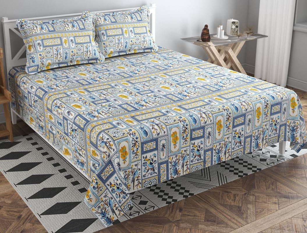 100% Cotton Double Bed Bedsheet Set With 2 Matching Pillow Covers | 90 X 90 Inches, Blue - Ideal For Villas, Guest Houses, & Daily Home Use Double Bedsheet