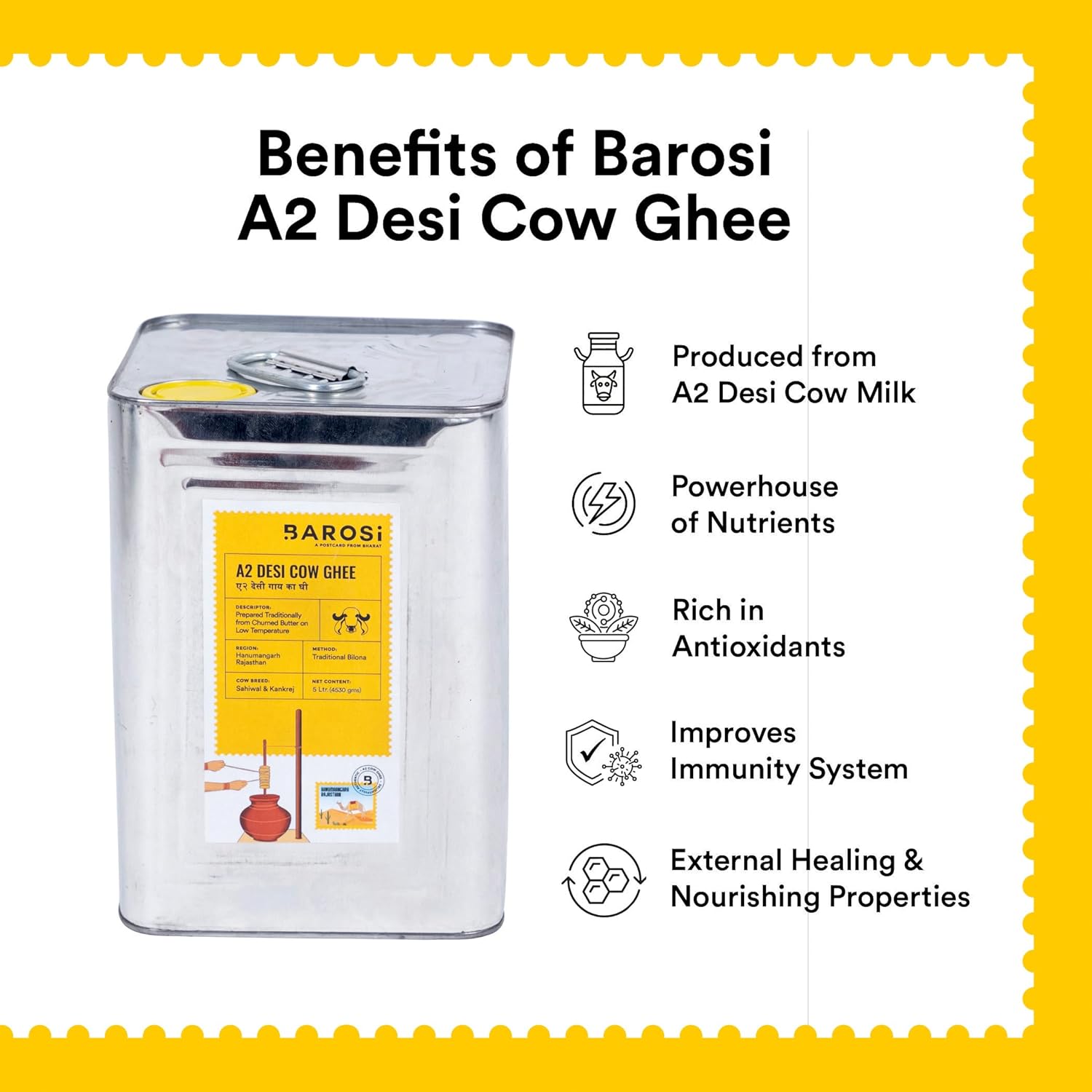 Organic A2 Desi Cow Ghee By Barosi | Rich In Vitamins A, E & Healthy Danedar Cow Desi Ghee Perfect For Frying | (5 Litre) 169.0 Ounce | Tin Pack