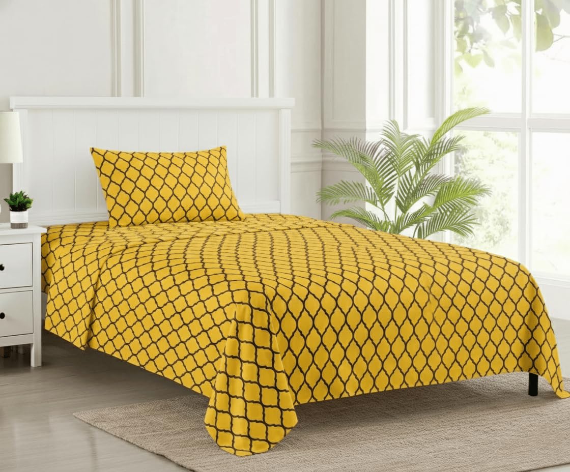 Cotton Printed Single Flat Bedsheet With 1 Pillow Cover - 60 X 100 Inches, Mustard | Breathable & Skin Friendly Bedsheet | Ideal For Year Round Use
