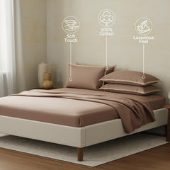 100% Cotton Plain Bedsheet Set With 4 Pillow Covers - 108 X 108 Inches, Brown | 400 Thread Count - Gift For Weddings Or Anniversary King Size Bedsheet