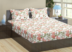 King Size For Double Bedsheet Elastic Fitted With 2 Pillow Cover - 72 X 75 Inches, White & Peach | Lightweight & Breathable, For Bedroom & Gifting Bedsheet