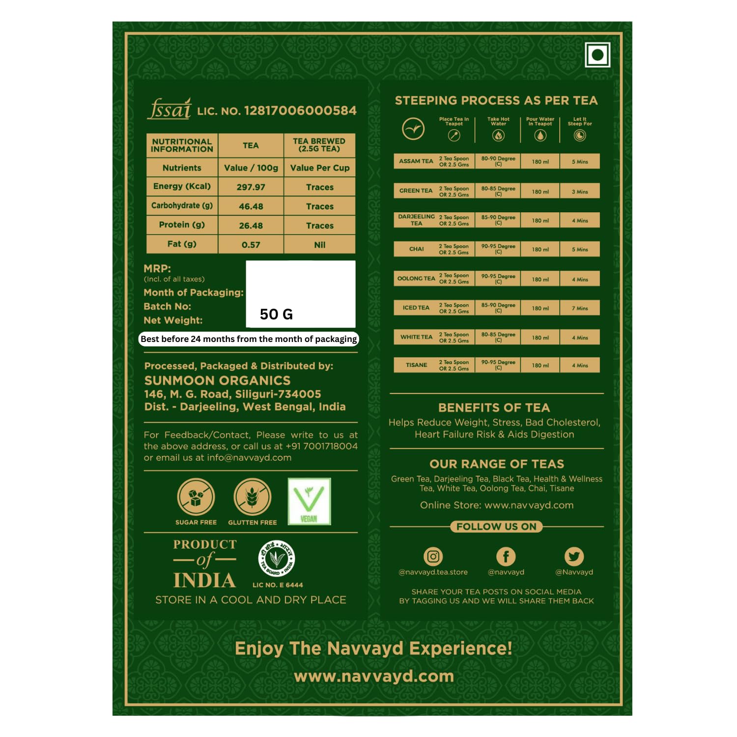 Navvayd Lopchu Golden Orange Pekoe Darjeeling Tea - 50gm, 1.7 Ounce, 25 Cups | Loose Leaf Tea With Real Musk Flavor & Smoky Taste - Low Caffeine Assam Black Tea