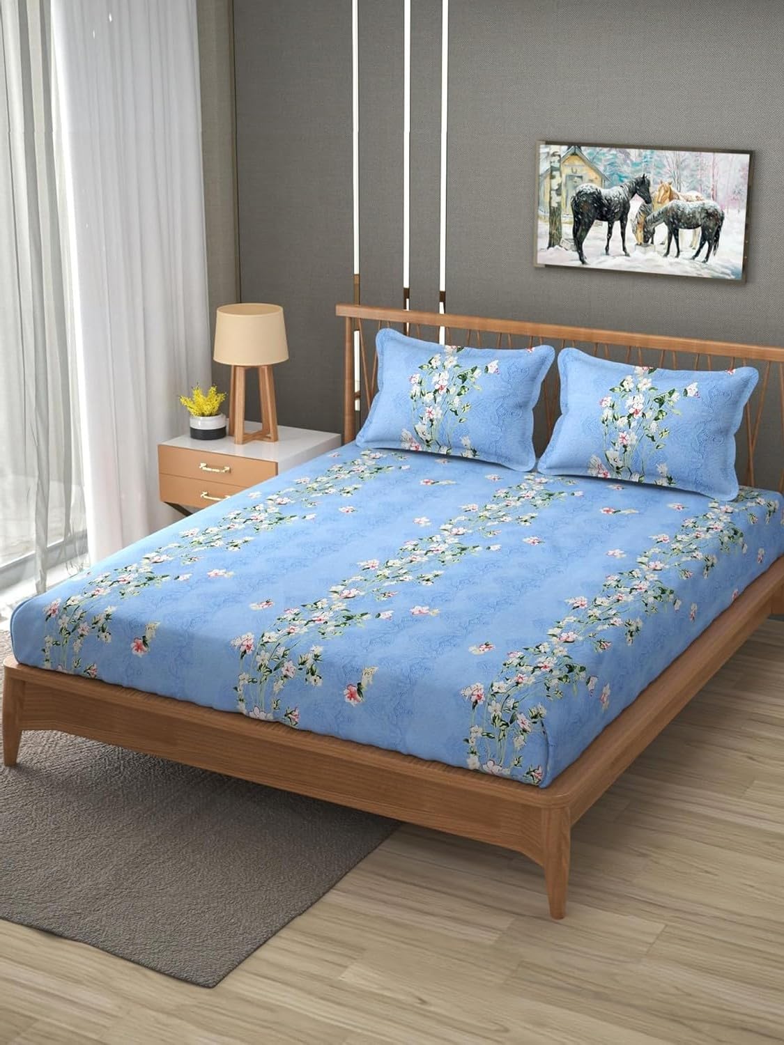 King Size Elastic Fitted Bedsheets With 2 Pillow Covers - 90 X 100 Inches, Sky Blue | Soft Wrinkle Free & Breathable Elastic Bedsheets - Durable & Long Lasting Bedsheet