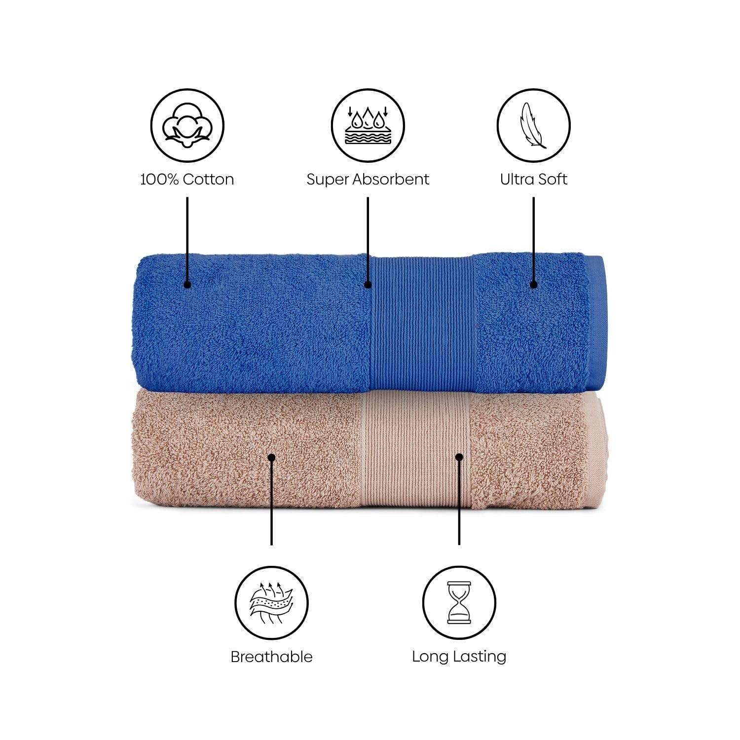 Haus & Kinder Harmony Combed Bath Towel 500 Gsm | Cotton Towel For Men, Women | Towels For Gym, Spa | Cobalt & Almond | Pack Of 2