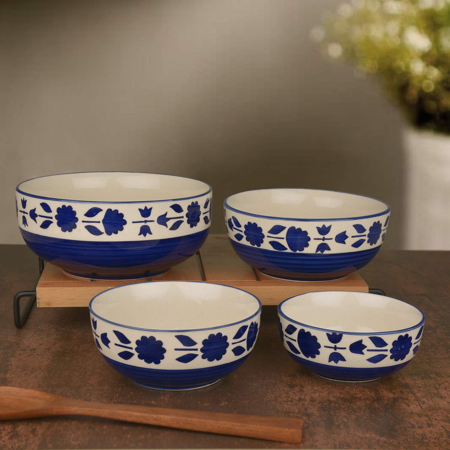 Studio Pottery Hand Painted Dinner Serving Bowl Set Of 4 - 1200ml+650ml+450ml+250ml, Blue Flower | Dinner Serving Donga Set - Stackable Kitchen Bowl Set