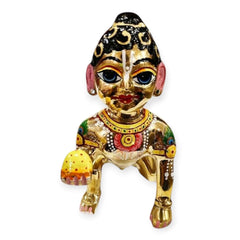 Laddu Bal Gopal Idol, Hand Painted Metal Statue, Occasions, Gold, Size - No.10, Decorative Baby Krishna Idol, Traditional Indian Religious Laddu Gopal Ji