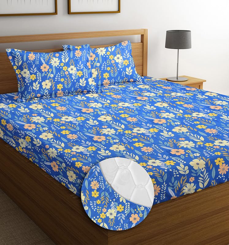 1 King Fitted Bedsheet With 2 King Size Pillow Covers - 78 X 72 +12 Inches, Multicolor | Cotton Elastic Fitted With Deep Pocket 220 TC Wrinkle Free & Breathable Super Soft