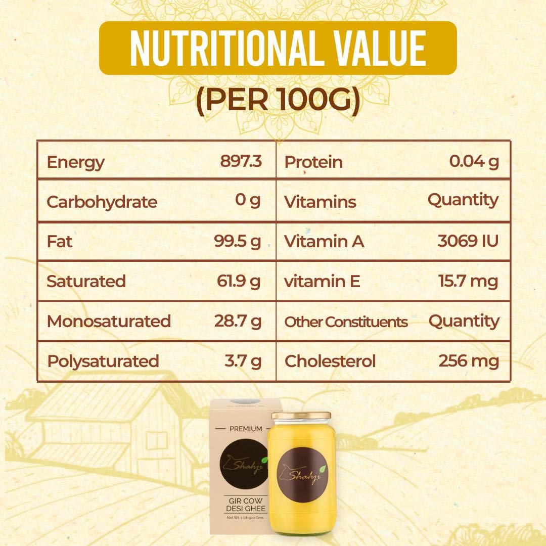 Natural A2 Desi Gir Cow Ghee By Shahji | High In Protein Fiber & Nutrients Healthy Desi Cow Ghee For Muscles | (1 Litr) 33.8 Ounce | Jar Pack