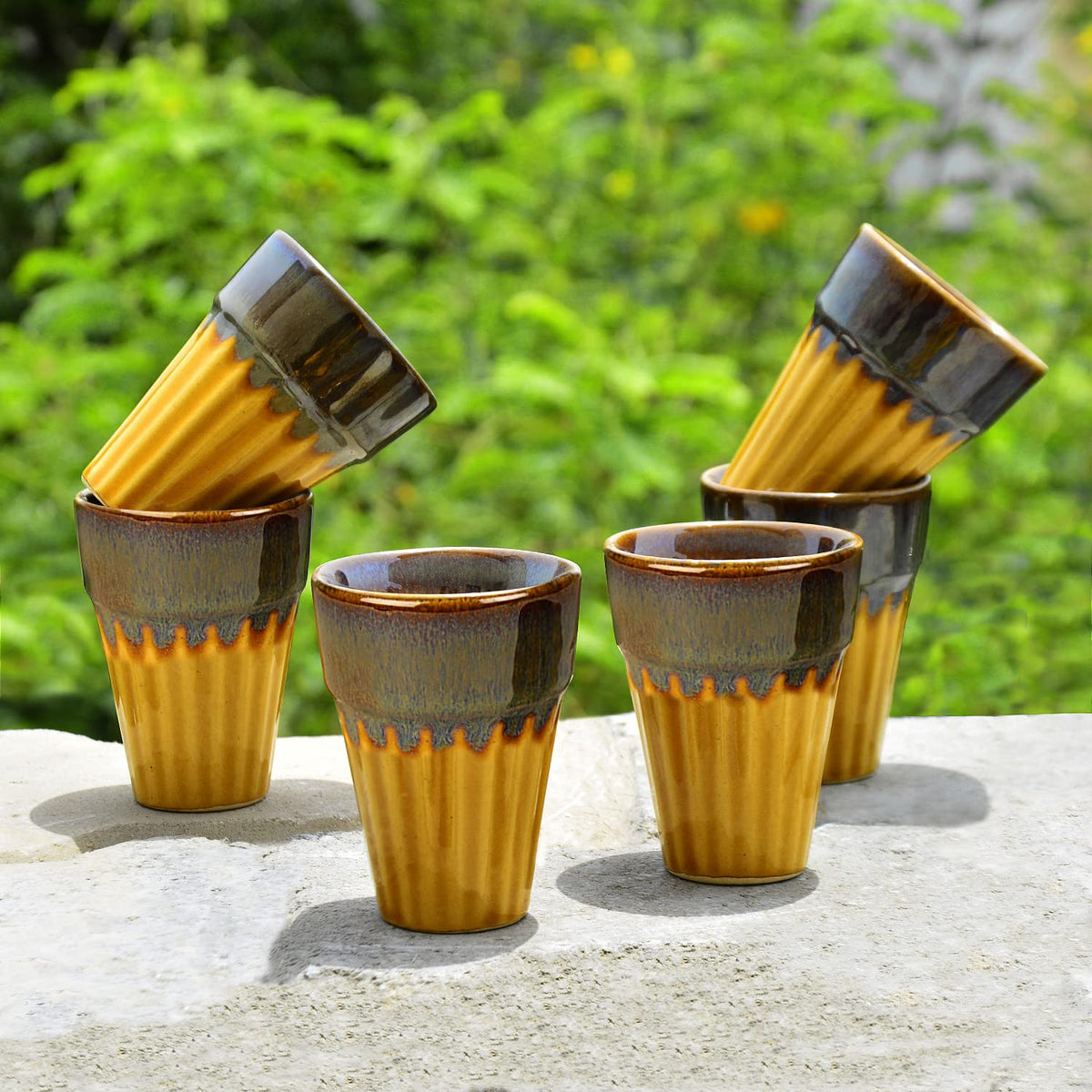 Studio Pottery Glazed Dual Tone Ceramic Tea Glasses Set Of 6 - Golden & Brown, 150ml Each | Cutting Chai Glasses