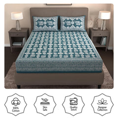 Printed Double Bedsheet For Queen Size With 2 Matching Pillow Cover | Size 90 X 100 Inches, Dark Green - Handloom Cotton Bedsheets For Double Bed | Soft & Smooth