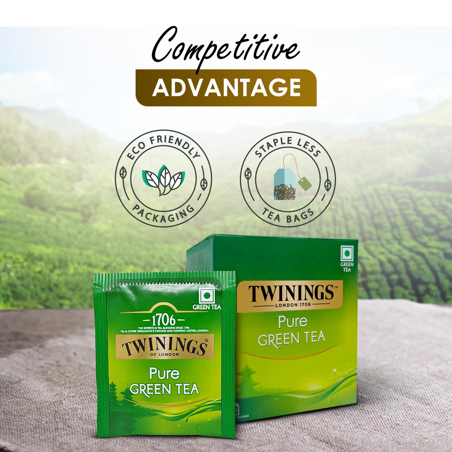 Twinings Pure Green Tea - 20gm, 0.7 Ounce, 10 Enveloped Tea Bags | Low Calorie Tea For Stress Relief & Sleep - Caffeine Free Herbal Infusion Tea
