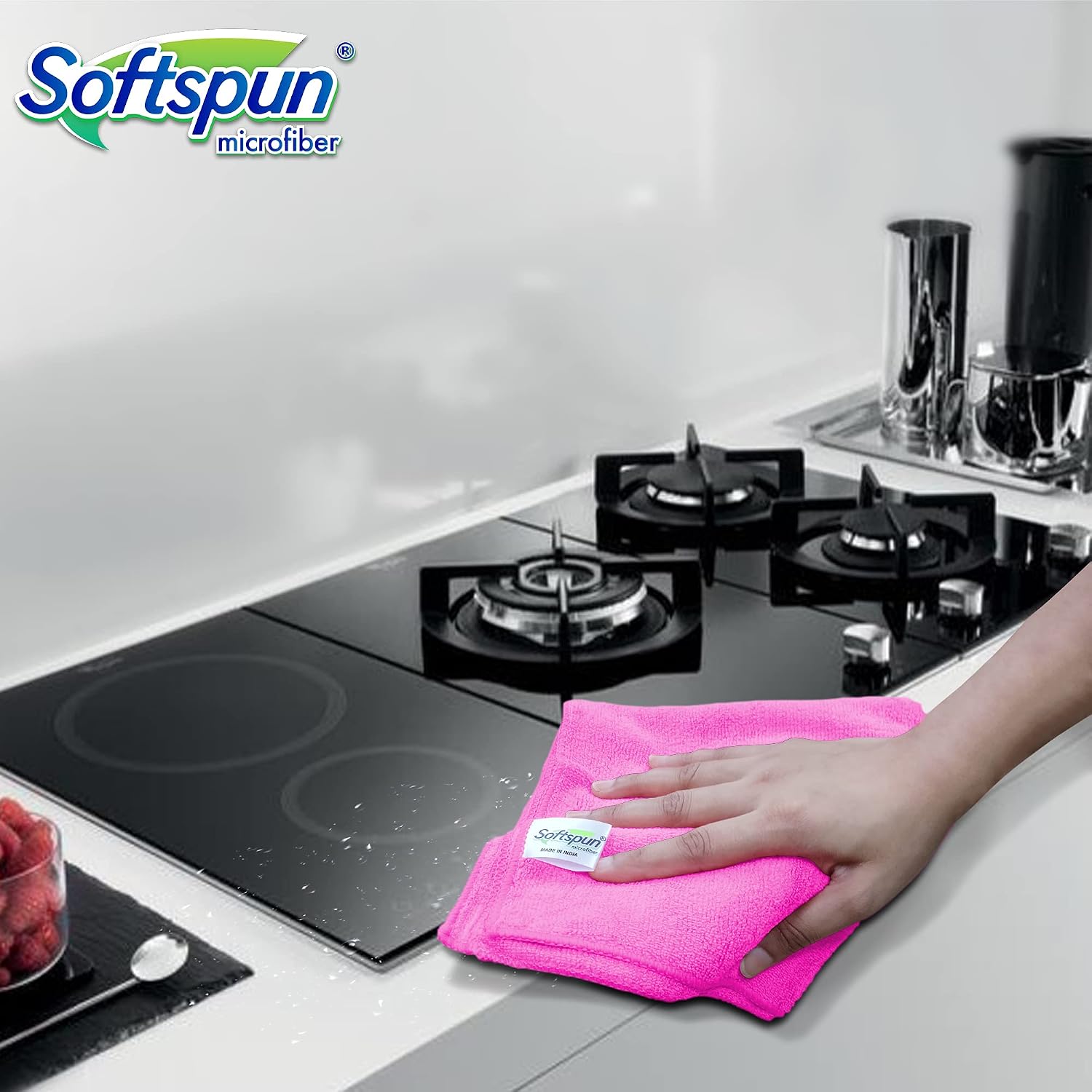 Softspun Microfiber Cleaning Cloths Towel Set 340 Gsm | Highly Absorbent Lint And Streak Free Multi-Purpose Wash Cloth For Kitchen, Car, Stainless (2 Pcs)- Pink