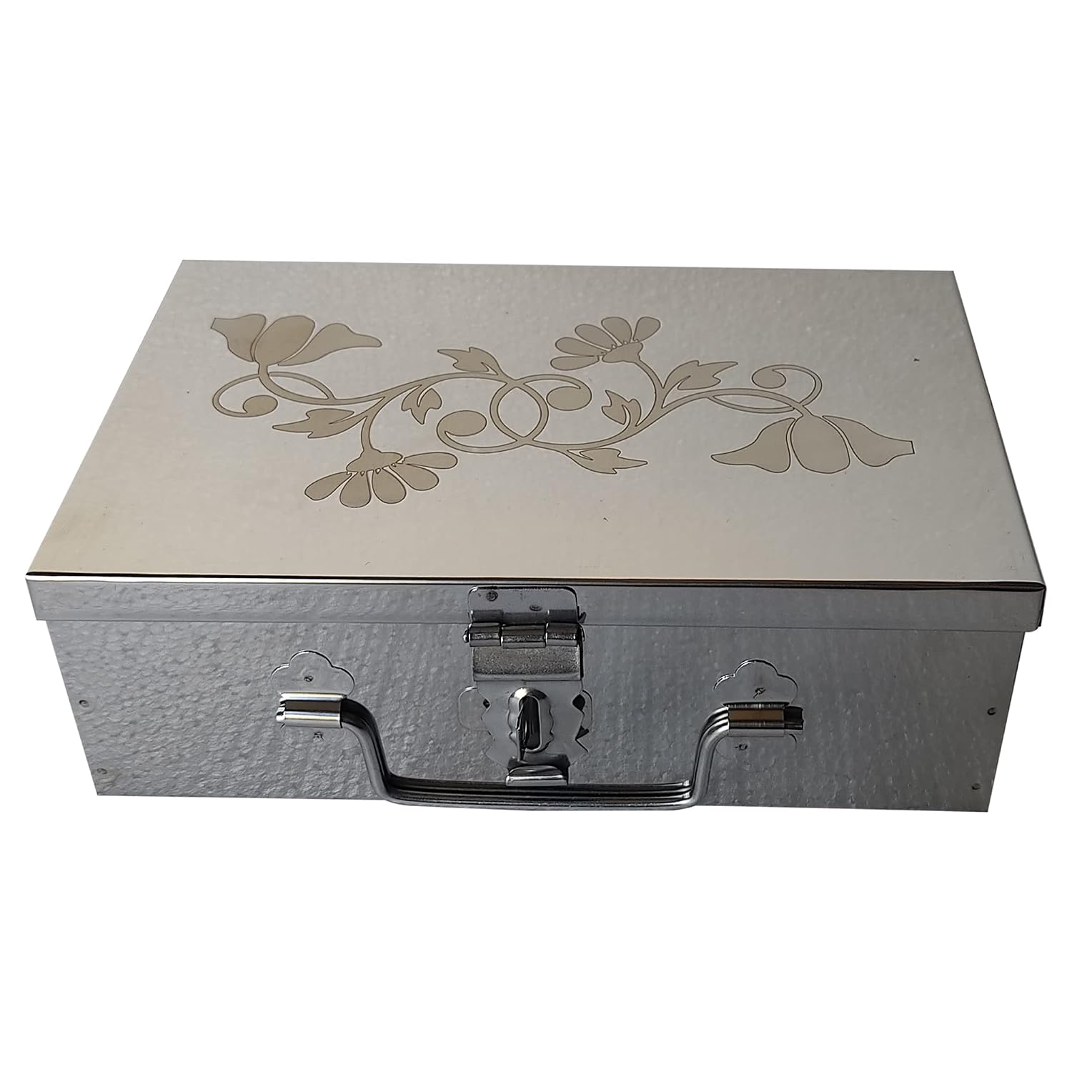 Stainless Steel Storage Boxes, Cash Peti, Pooja Peti, Organizer, Vanity Box, Safe Locker Box- 9 Inch Storage Box, W-23 Cm, H-7.5 Cm, L-15.5 Cm. Cash Box With Laser Print Design, Medium