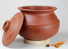 Deep Burned Uncoated Clay Rice Pot With Lid Or Mitti Handi With 2 Wooden Spatulas Complimentary For Cooking & Serving - Red, 2 Liters | Pre-Seasoned Mud Pot - Unglazed, Double Fired, Hand Crafted