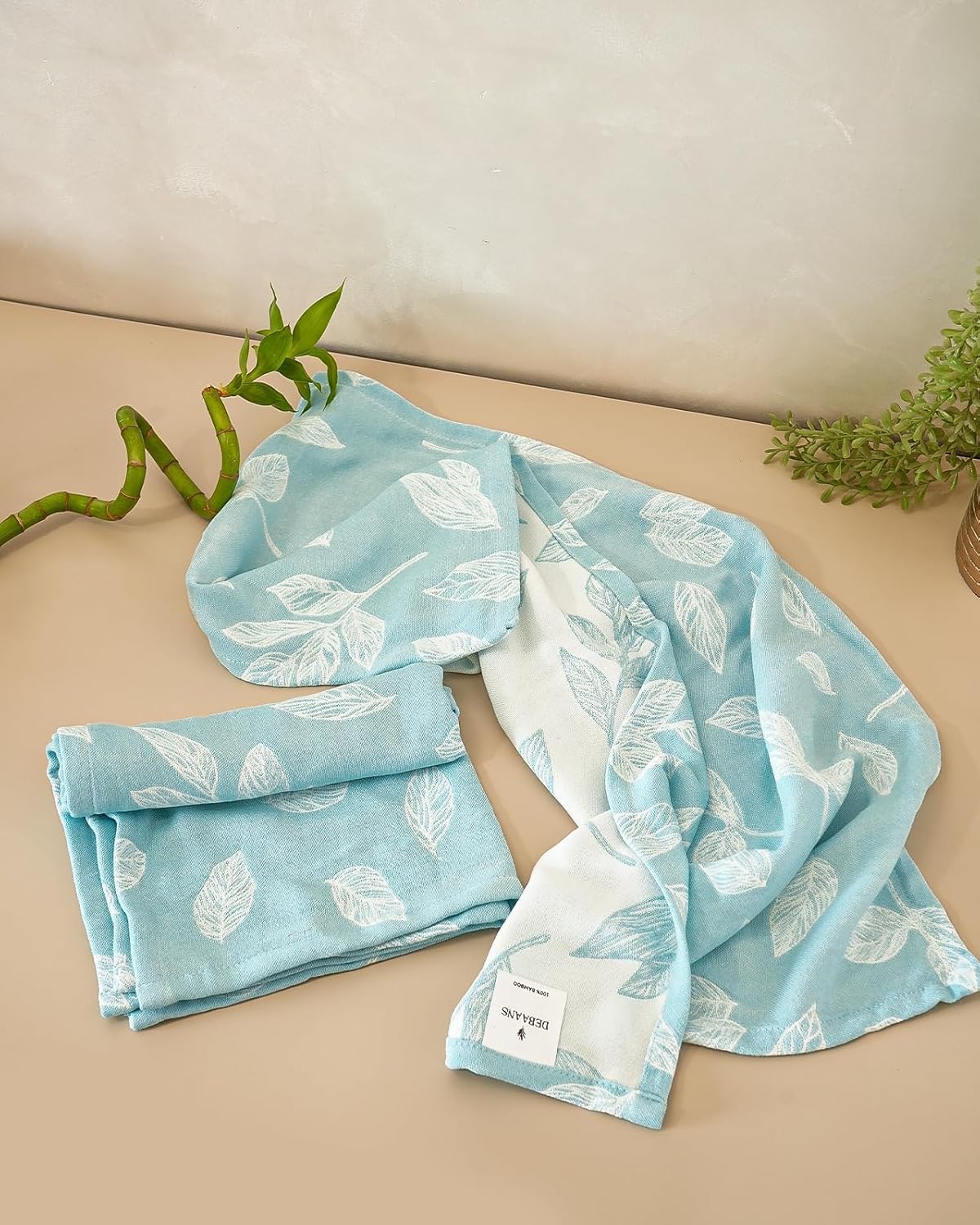 Debaans Bamboo Hand Towels 400 Gsm | Ultra Soft, Quick Dry, Antibacterial | Multiple Colors & Designs (Botanica Sky Blue) - Set Of 2