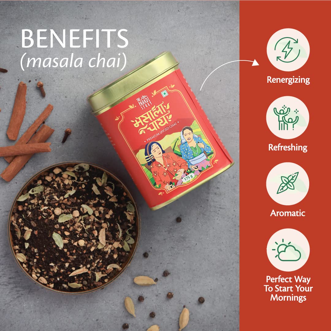 The Pahadi Story Masala Chai - 175gm, 6.1 Ounce | Made With 100% Natural Ingredients - Made With Cinnamon, Ginger, Elaichi, Clove, Black Pepper | Low Caffeine, No Artificial Flavor