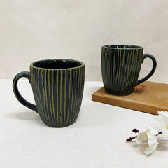 Green Stripped Embossed Ceramic Coffee Mug Set Of 2 Pieces - 350ml Each | Studio Pottery Ceramic Mugs For Coffee, Tea, Milk - Microwave Safe & Leak Proof
