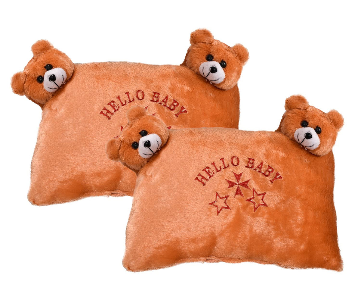 Hello Teddy Design Kid's Pillow, Velvet Super Soft Kids Pillow, Orange - 12 X 18 Inch | Soft Kids Pillow For Sleeping & Travel, Suitable For All Sleepers, Comfortable - Pack Of 2