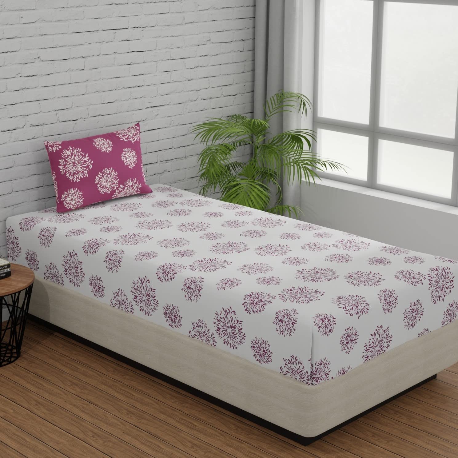 1 Single Bedsheet With 1 Pillow Cover | Durable & Long Lasting Fabric, Easy Hand & Machine Wash | Size - 55 X 88 Inches, White & Mauve