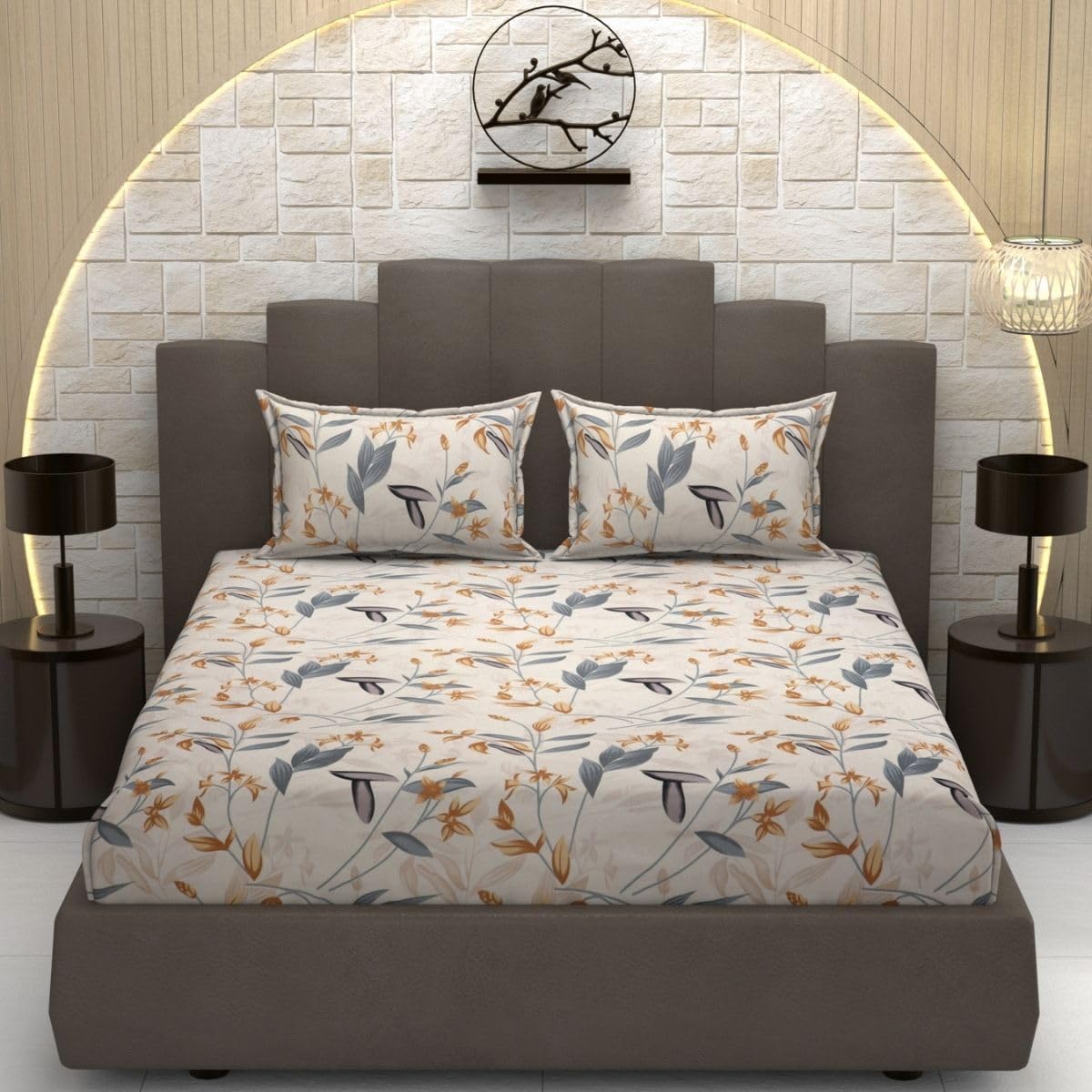 Bedsheet For Queen Size Bed With 2 Pillow Covers - 90 X 100 Inches, Beige & Grey | Soft, Breathable, Wrinkle Free & Fade Resistant