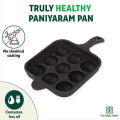 Pre-Seasoned Black Cast Iron Square Paniyaram Pan With Free Wooden Picker - 9 Pits, 18cm, 7.1 Inch, 2.4 Kg | Induction Friendly - Pre-Seasoned Paddu Pan, 100% Pure & Toxin-Free, No Chemical Coating