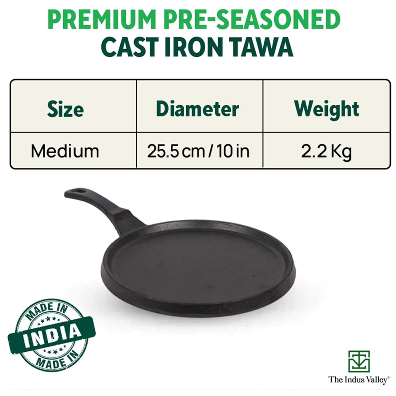 Pre-Seasoned Black Cast Iron Tawa For Dosa, Chapathi - 25.5cm, 10 Inch, 2.1 Kg | Induction Friendly, Naturally Nonstick, 100% Pure & Toxin-Free, No Chemical Coating