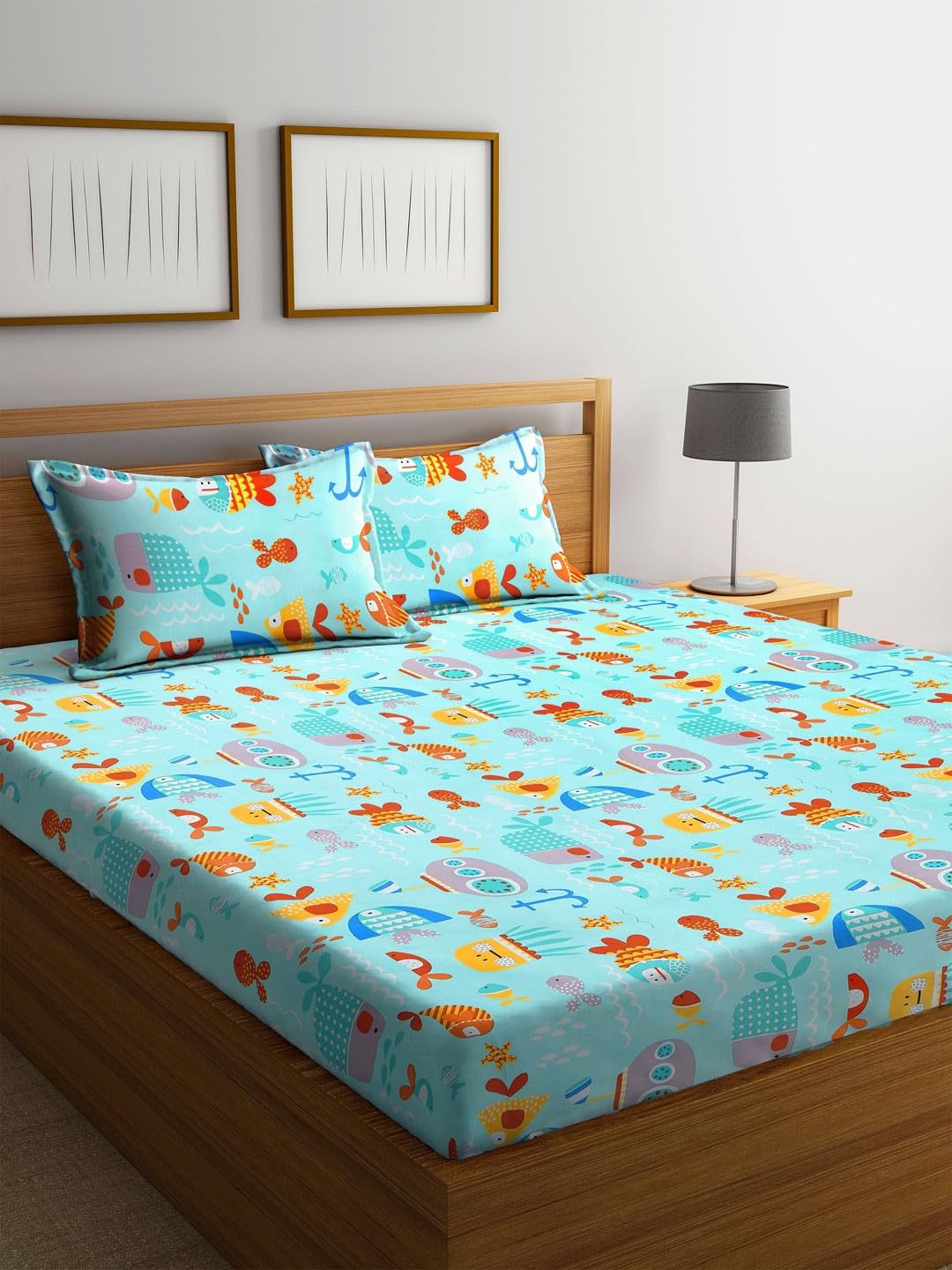 Cartoon Printed Double Bedsheet For Kids With 2 Pillow Cover - 90 X 95 Inches, Multicolor | Cotton Feel All Around Elastic Fitted Queen Size Double Bed