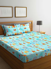 Cartoon Printed Double Bedsheet For Kids With 2 Pillow Cover - 90 X 95 Inches, Multicolor | Cotton Feel All Around Elastic Fitted Queen Size Double Bed