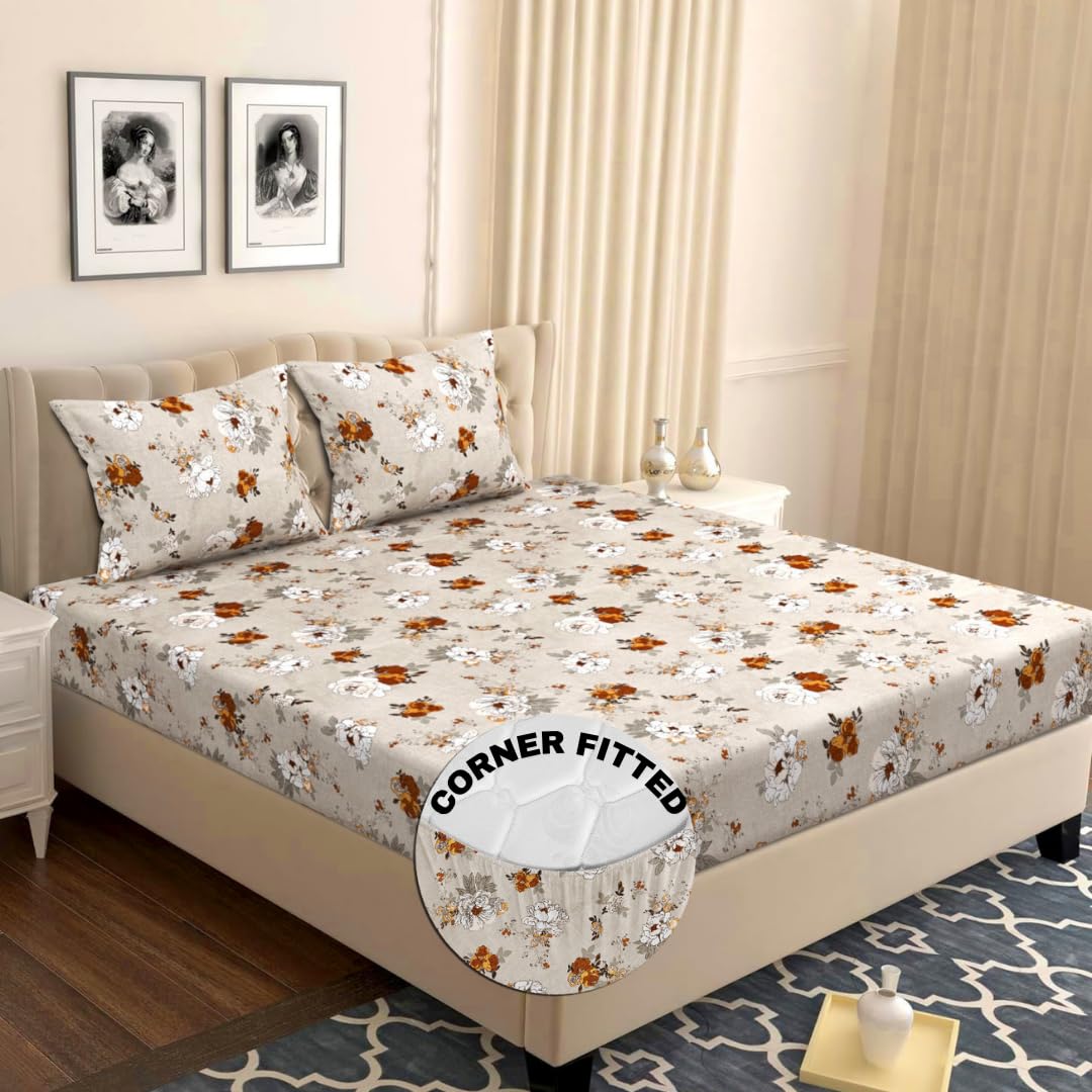 Elastic Fitted Double Bedsheets For Queen Size With 2 Pillow Covers - Size 72 X 68 X 6 Inches, Cream & White | Double Bed With Corner Elastic | Wrinkle Free Super Soft Floral Breathable