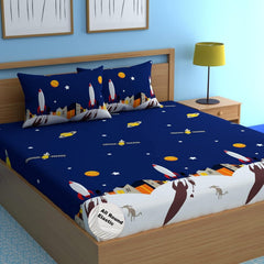 Cartoon Printed Double Bedsheet For Kids With 2 Pillow Cover - 72 X 78 X 10 Inches, Blue & White | Cotton Feel All Around Elastic Fitted King Size Double Bed