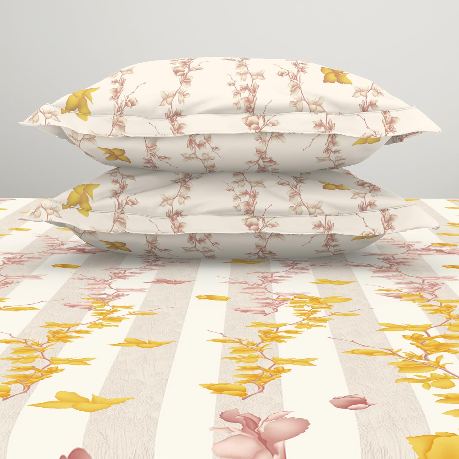 Double Bedsheet With 2 Pillow Covers (Size 88 X 100 Inch) Cream & White | Breathable Pure Cotton Queen Size Bedsheet | Floral Design Bedsheet
