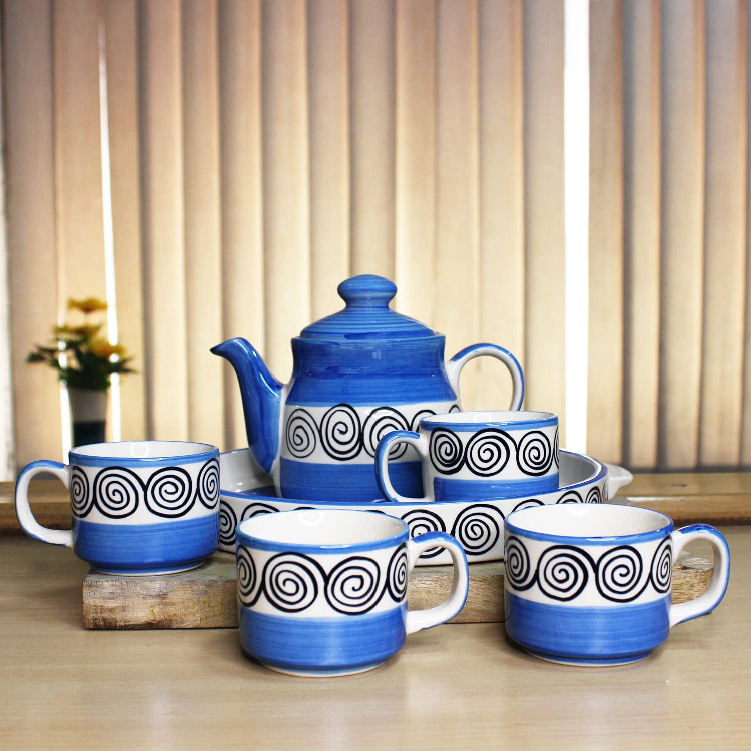 Hand Painted Blue Swirl Tea Set With Kettle | Ceramic Tea Kettle Set With 4 Cups, 150ml Each + 1 Kettle, 700ml + 1 Tray | 6 Pieces - Microwave Safe & Dishwasher Safe