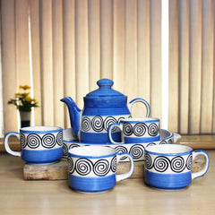 Hand Painted Blue Swirl Tea Set With Kettle | Ceramic Tea Kettle Set With 4 Cups, 150ml Each + 1 Kettle, 700ml + 1 Tray | 6 Pieces - Microwave Safe & Dishwasher Safe