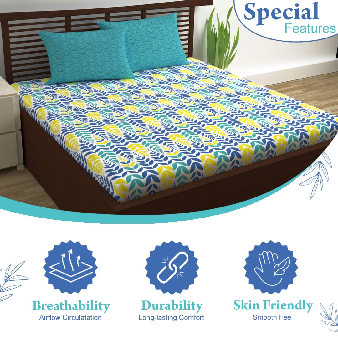 Cotton Extra Double Bedsheet For King Size With 2 Pillow Covers | 87 X 106 Inches, Blue & Yellow - Ideal For Home, Guest House, Hotel | Soft & Breathable Fabric