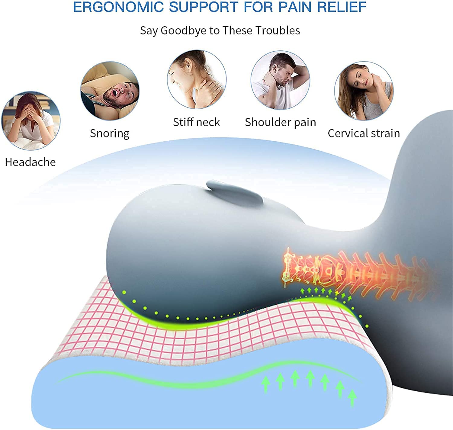 Cervical Pillow For Spondylosis Neck & Back Pain Support, Soft Pillow - Grey | Stress Universal Senior Citizen Men & Women | For Back & Side, Stomach Sleepers, Adjustable Pillow