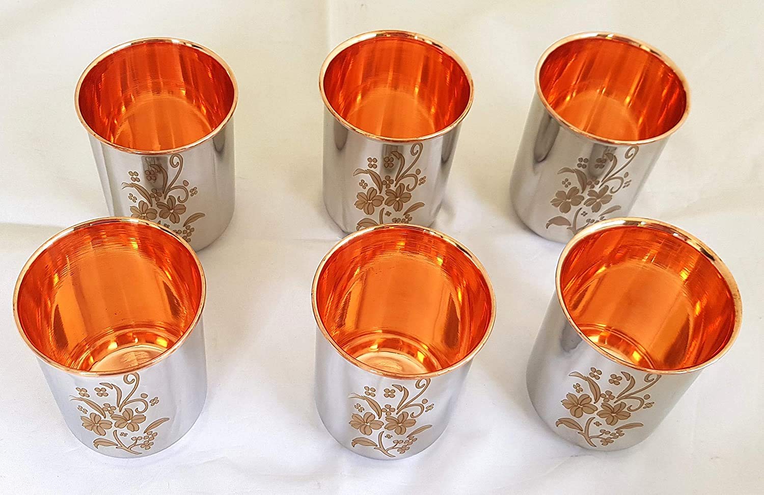 Copper Stainless Steel Glass Set Of 6 Pieces - 325ml Each | Printed Floral Design - Tableware Set