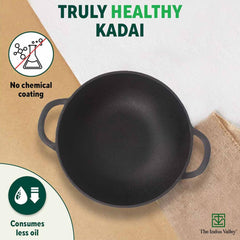 Pre-Seasoned Black Cast Iron Kadai With Flat Handles - Medium, 10.5 Inch, 27 Cm, 2.5 Liters, 2.5 Kg | Induction Friendly, Naturally Nonstick Kadhai, 100% Pure & Toxin-Free, No Chemical Coating