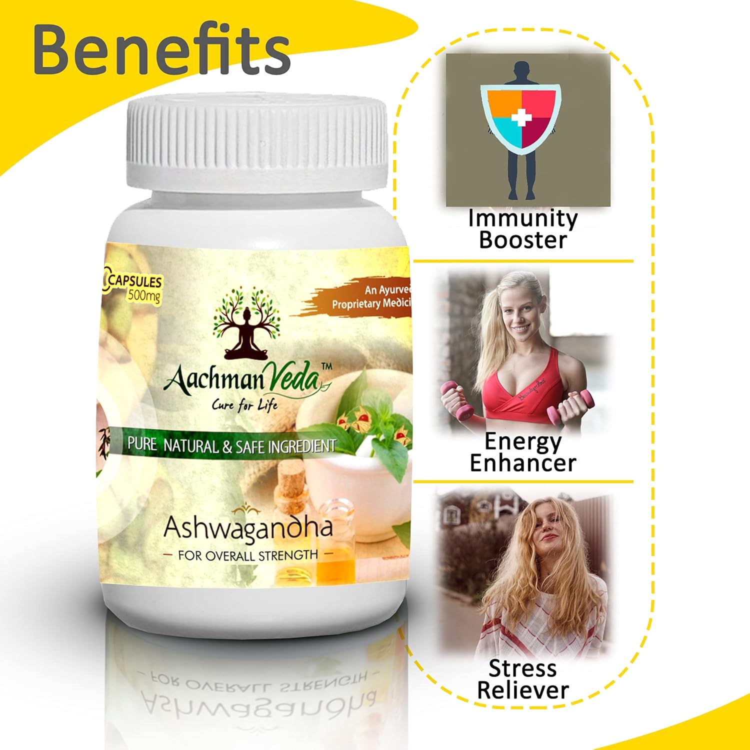 Aachman Veda Ashwagandha Capsules For Men & Women, Stress Management, Strength, Stamina Energy | 60 Capsules 100gm 0.2lbs