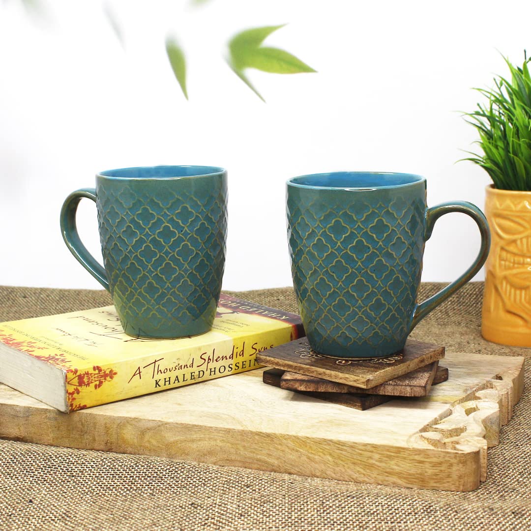 Handcrafted Teal Green Ceramic Coffee Mug Set Of 2 - 350ml Each | Ceramic Mugs For Coffee, Tea, Milk - Microwave Safe & Dishwasher Safe