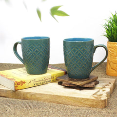 Handcrafted Teal Green Ceramic Coffee Mug Set Of 2 - 350ml Each | Ceramic Mugs For Coffee, Tea, Milk - Microwave Safe & Dishwasher Safe