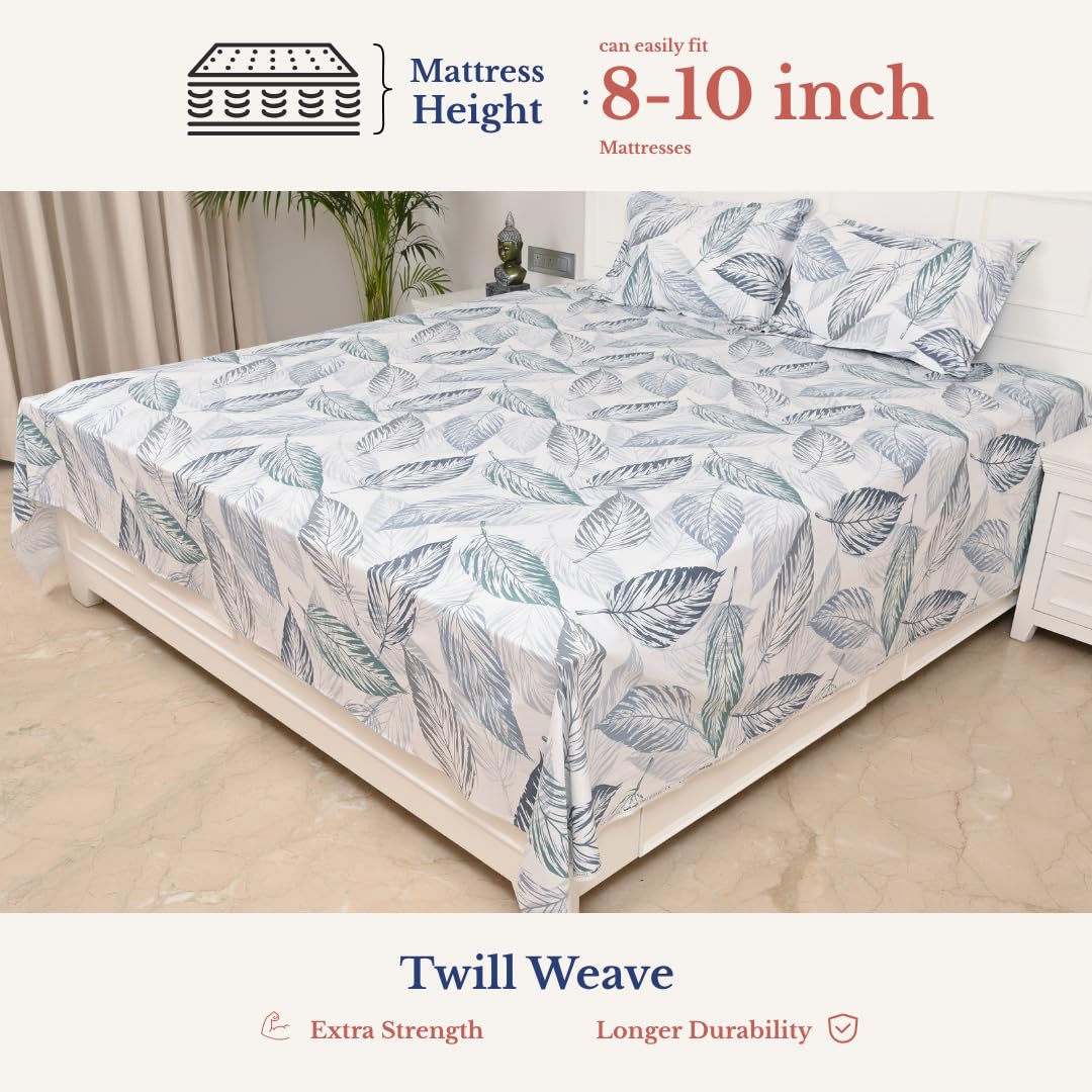 Elastic Fitted Bedsheet Double With 2 Pillow Covers | King Size - 72 × 78 X 8 Inches, White & Grey | Durable, Fade Resistant & Easy-Care Pure Cotton