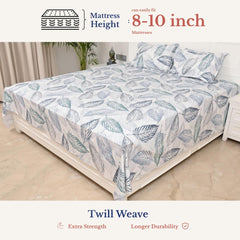 Elastic Fitted Bedsheet Double With 2 Pillow Covers | King Size - 72 × 78 X 8 Inches, White & Grey | Durable, Fade Resistant & Easy-Care Pure Cotton