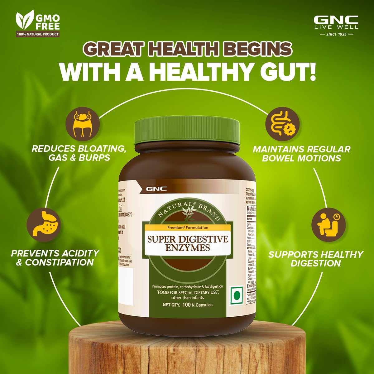 Gnc Super Digestive Enzymes Prebiotics & 11 Potent Enzymes, Reduces Bloating & Gas, Prevents Acidity & Indigestion, Supports Healthy Gut | 100 Veg Capsules, 150gm 0.3lbs