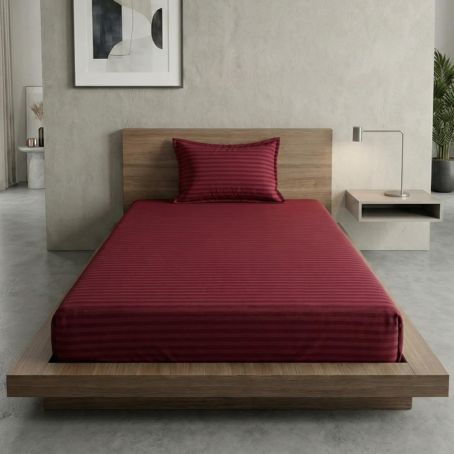 Cotton Maroon Striped Single Bedsheet With 1 Pillow Cover - 55 X 90 Inches | Long-Lasting Color Comfortable Fabric Bedsheet